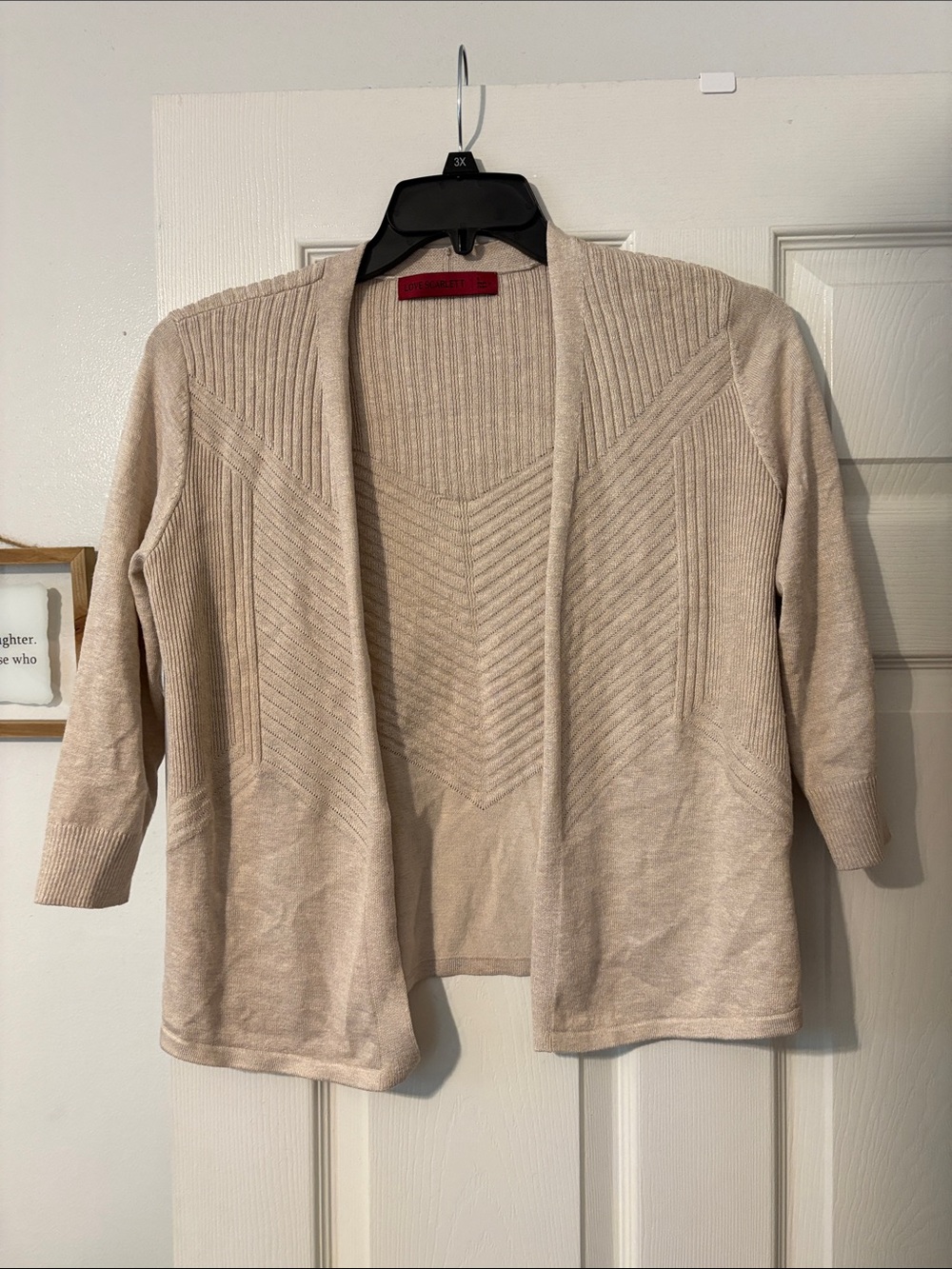 Open-Front Light Beige Knit Cardigan with Chevron Detail